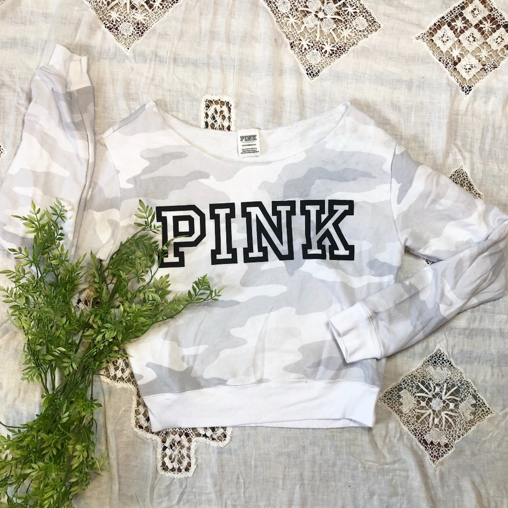 PINK Victoria's Secret XS Camo Sweatshirt White Grey Cropped Off The Shoulder